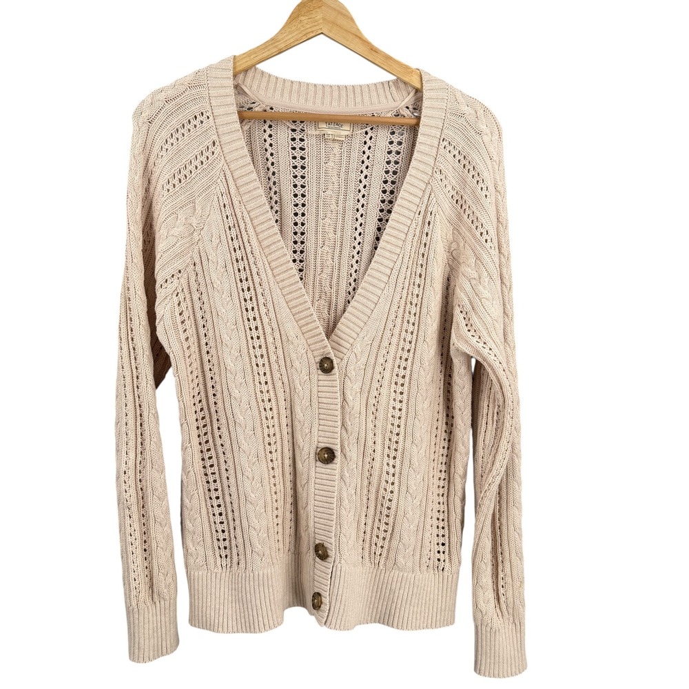 FatFace Cardigan Sweater Size 12 Ivory Pointelle Cable Knit Cotton Lightweight